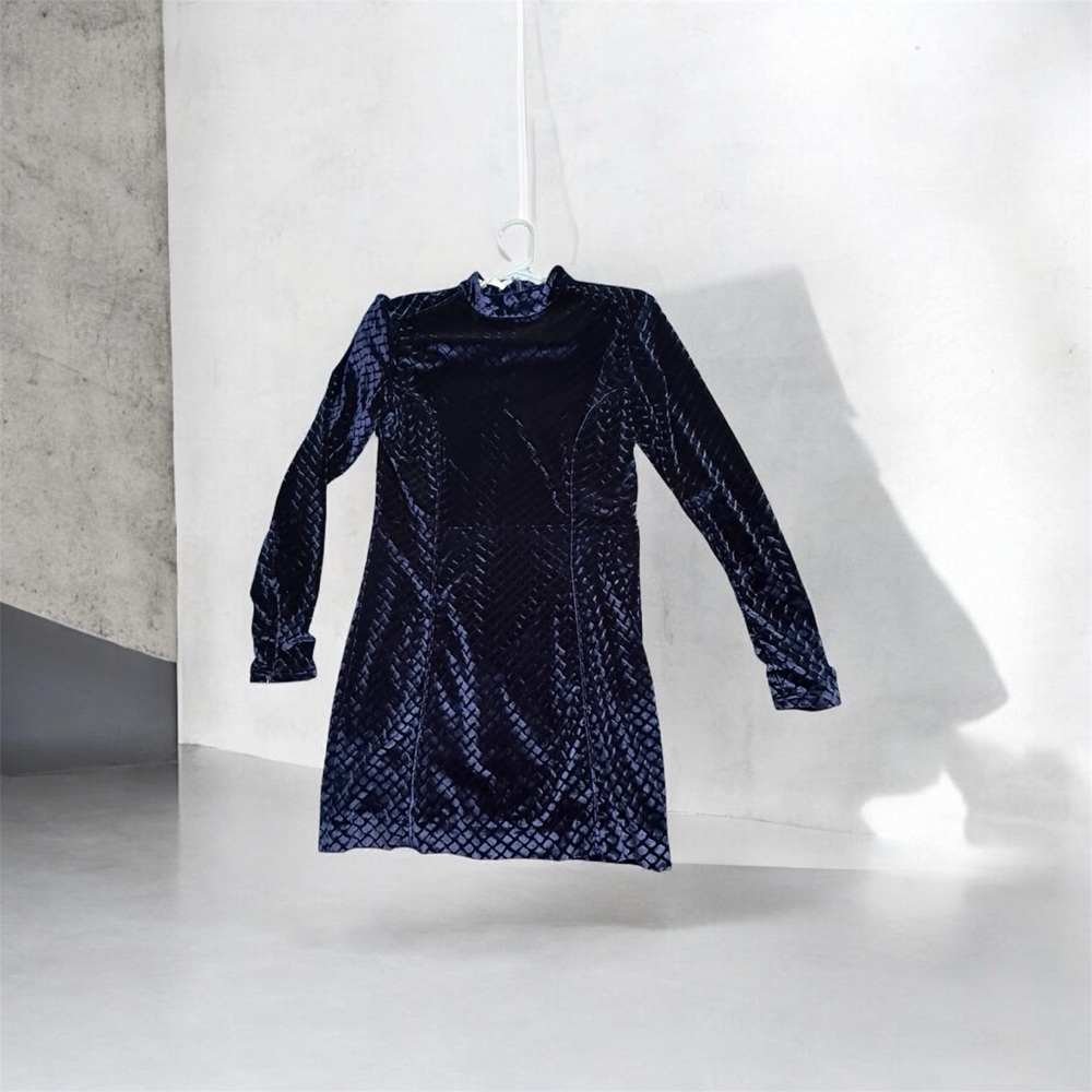 House of London Navy Velvet Mini Dress L Mock Neck Long Sleeve Shoulder Pads ( - Picture 4 of 13